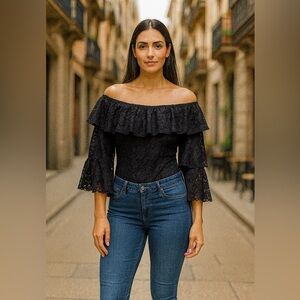 Touch Me Black Lace Bodysuit Sz M Bell Sleeves Romantic Drama Off the shoulders